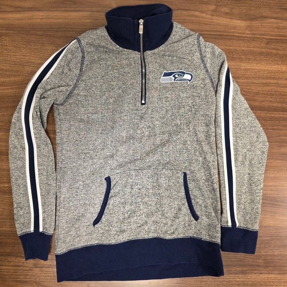 NFL Seattle Seahawks Pullover Juniors Medium Grey Blue Excellent 1/4 Zip Graphic